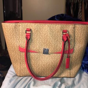 Brown and red GUESS purse